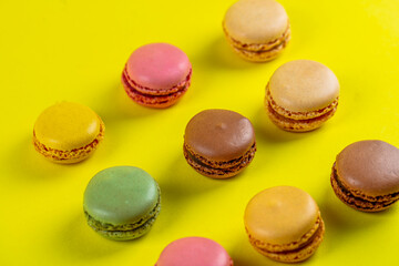 Close-up of macarons cakes of different colors .Culinary and cooking concept. Tasty colorful macaroons.