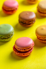 Close-up of macarons cakes of different colors .Culinary and cooking concept. Tasty colorful macaroons.