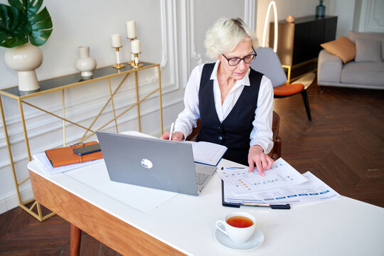 Concentrated mature businesswoman work on laptop.