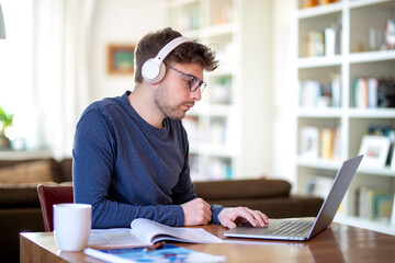 Junger Mann, freelancer oder Student, sitzt zu Hause am Schreibtisch mit einem Laptop und arbeitet konzentriert online. Er trägt Kopfhörer, neben ihm steht eine Tee- oder Kaffeetasse - obrazy, fototapety, plakaty