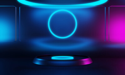 3d rendering illustration of background abstract, podium stage art display wallpaper, product pedestal stand, gaming cyberpunk style