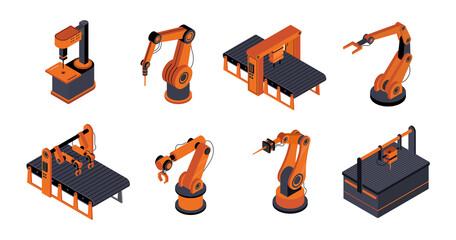 Set of robotic hand. Stickers with modern mechanical equipment for manufacturing, factories and industry. Design elements for website. Cartoon isometric collection isolated on white background