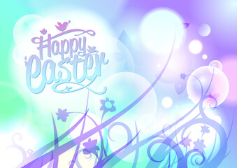 Happy Easter lettering card or poster vector template with fantasy butterflies, flowers and bokeh lights backdrop