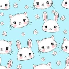 Seamless pattern cute cat and bunny with daisy flowers vector illustration childish design print