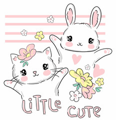 Cat and rabbit vector illustration. Sketch print design beautiful animal for baby background.