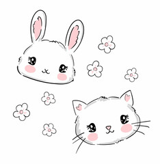 Cat and rabbit vector illustration. Bunny and Kitten