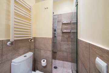 Bathroom with white resin vanity unit and sink, frameless rectangular mirror and walk-in shower with screen