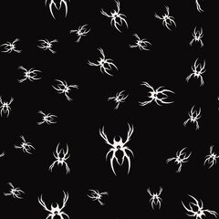 Abstract pattern tattoo spider sketch. Artistic death metal logo design. Random, chaotic white illustration in Metalcore style on a black background.