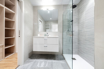 Fototapeta na wymiar Bathroom with glass-enclosed shower stall, white porcelain hanging sink and walk-out closet