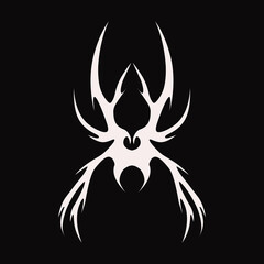 Abstract tattoo spider sketch. Artistic death metal logo design. Black illustration in Metalcore style on a black background.