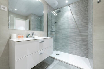 Bathroom with shower cabin with glass partition, white porcelain wall-hung washbasin on wooden...
