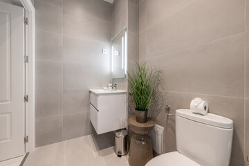 Tiled toilet with large gray tiles, plant on a wooden stool and cabinet with white porcelain sink