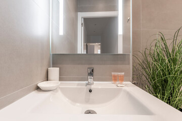 Fototapeta na wymiar Tiled toilet with large gray tiles, white porcelain sink, frameless mirror and artificial plant