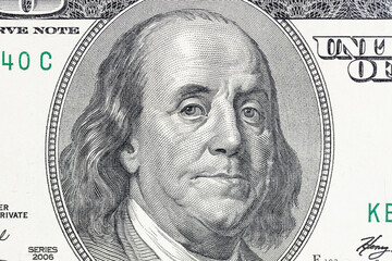US hundred dollar paper currency bill close up. macro. above view. financial background
