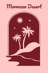 Naklejka premium Moroccan desert, modern and minimalist style. Moroccan scene. A Moroccan doors, windows in a view of the desert during the day. Terracotta background. Vector illustration.