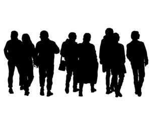 Big crowds people on street. Isolated silhouette on a white background