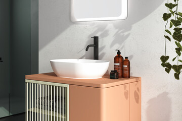 Close up bathroom furniture with accessories. Square mirrors are hanging on a white wall. 3d...