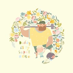 Cartoon Athlete Father with Funny Son in Spring Flowers