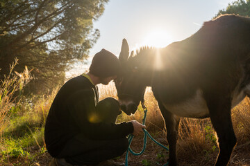 Portrait of happy man caressing donkey in nature