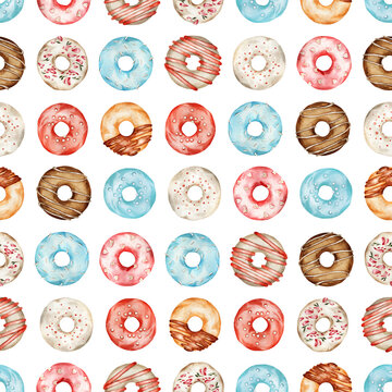 Watercolor donuts seamless pattern. Cute illustration. Handmade with paints on paper. Vintage tasty print.