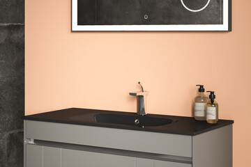 Close up black bathroom furniture with accessories. Square mirrors are hanging on a orange tone wall. Side view. 3d rendering
