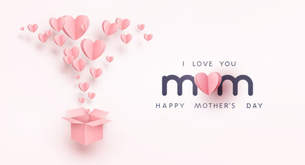 Mother's day postcard with paper flying elements and gift box on pink  background. Vector symbols of love in shape of heart for mum greeting card design