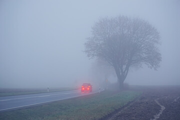 car with fog lights on foggy country road
