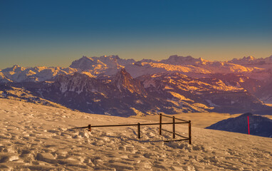 Panoramic alipne and snow view from Mount Rigi Kulm near Vitznau Switzerland