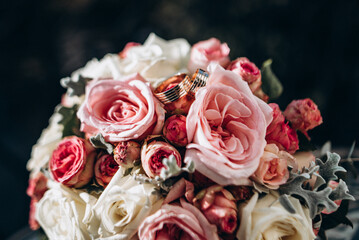 wedding bouquet of roses ring merried nature beautiful pink rich