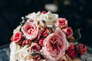 wedding bouquet of roses ring merried nature beautiful pink rich