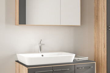 Close up black bathroom furniture with accessories. A square mirror are hanging on a beige tone wall. Side view. 3d rendering
