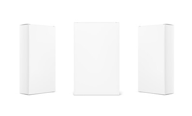 Realistic cardboard boxes mockup set. Front and perspective views. Vector illustration isolated on white background. Can be use for food, medicine, cosmetic and etc. Ready for your design. EPS10.	