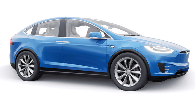 Paris, France. January 06, 2022: Tesla Model X full size city SUV. Blue car isolated on white background. 3d rendering.