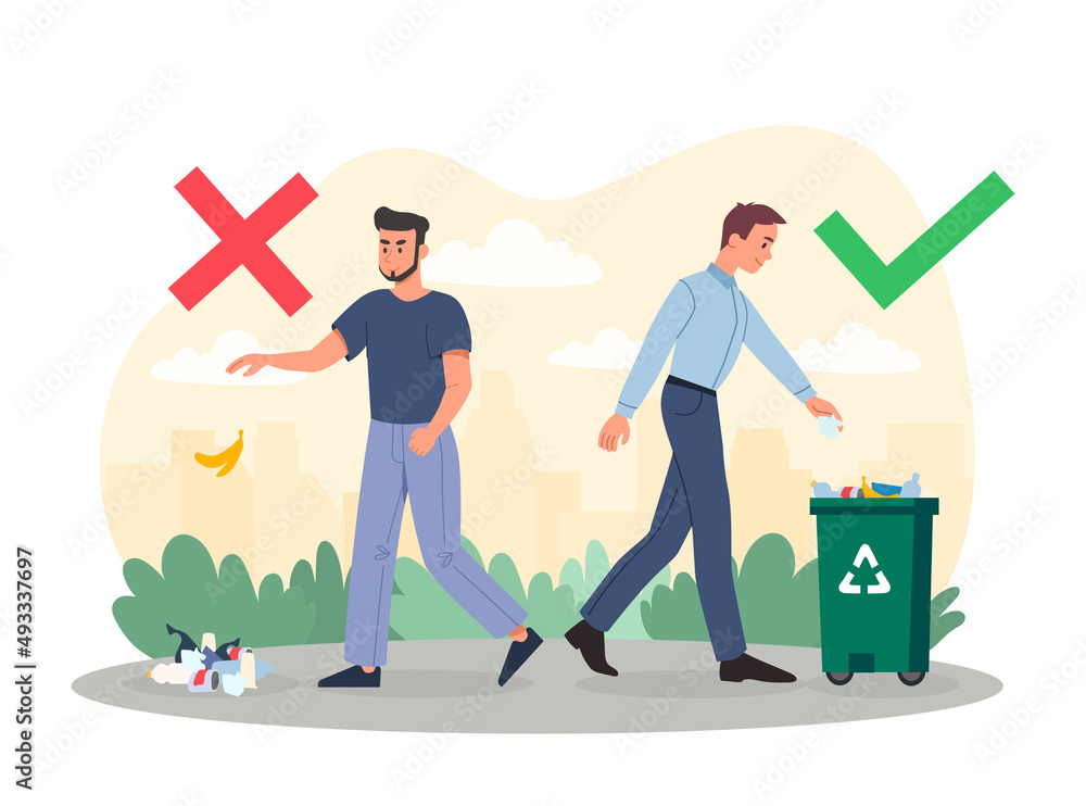 Poster littering behavior concept. example of correct and incorrect garbage disposal. sorting and recycling