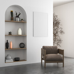 Canvas mockup in minimalist interior background with armchair and rustic decor. Side view. 3d rendering
