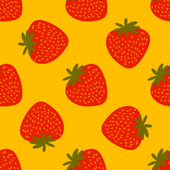 Fototapeta na wymiar Vector seamless pattern. Sweet red fruit berry with flowers and leaves. Summer background for social medai. Promotion of food market, local shops. For printing on paper and fabric, banners, wallpaper.