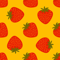 Vector seamless pattern. Sweet red fruit berry with flowers and leaves. Summer background for social medai. Promotion of food market, local shops. For printing on paper and fabric, banners, wallpaper.