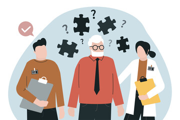 Elderly suffering from alzheimer disease. Alzheimer and dementia concept. Grandfather suffering from brain disease, memory loss. Neurology therapy