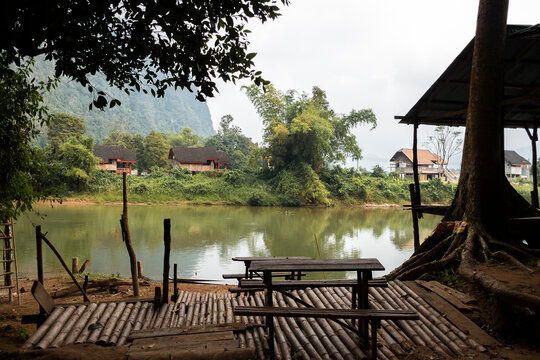Nam Song river bank and mountain range in Vang Vieng