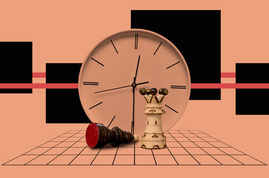 Wooden Chess Queen, Bishop and clock