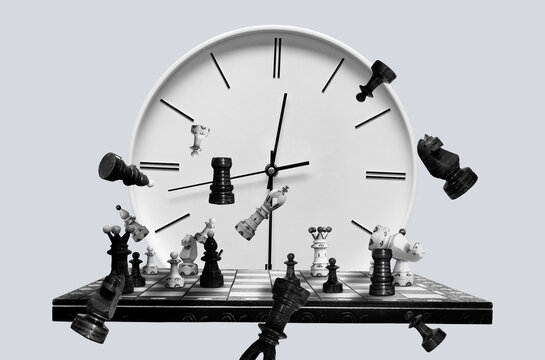 Chess Pieces, Chess Board And Clock
