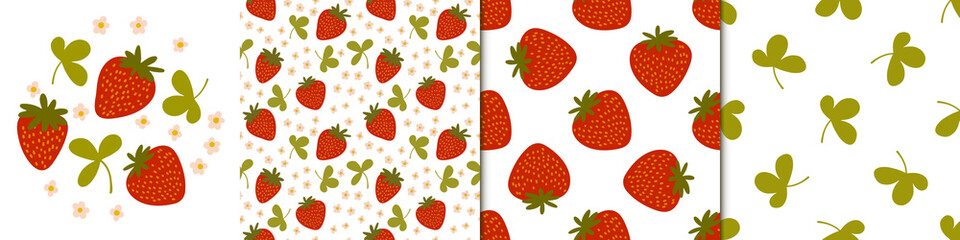 Vector seamless pattern. Sweet red fruit berry with flowers and leaves. Summer background for social media. Promotion of food market, local shops. For printing on paper and fabric, banners, wallpaper.