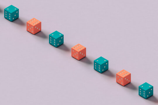 gambling dice in a row on a violet background