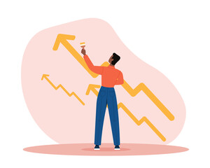 Leadership and goal achievement concept. Young male entrepreneur draws long arrow of positive business growth and successful development. Progress and profit increase. Cartoon flat vector illustration