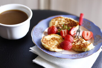Closeup pancake with coffee food tasty breakfast morning berry strawberry pastry espresso latte beverage drinks nobody