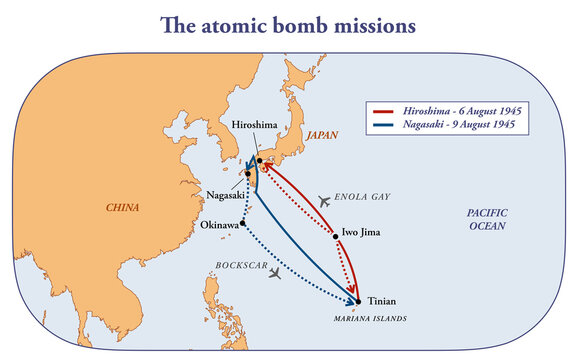 Flight map of the atomic bomb missions in Hiroshima and Nagasaki in 1945