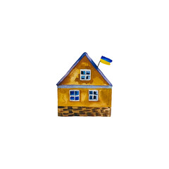 Watercolor house with Ukrainian flag.Yellow-blue national symbol of Ukraine. .House with national symbols of Ukraine
