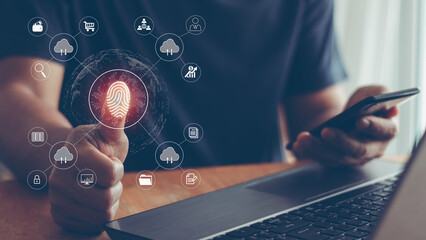 Cyber security digital transformation management concept. Businessman fingerprint scanning,...