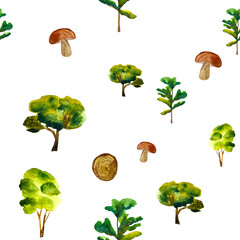 Watercolor seamless pattern of green trees. Cute green trees. Drawing for printing on wallpaper, textiles, postcards
