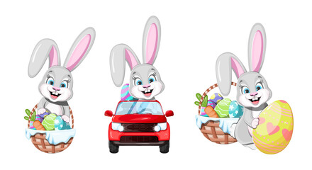 Cute Easter Bunny. Set of 3 pictures with a bunny, an Easter basket with eggs and a car